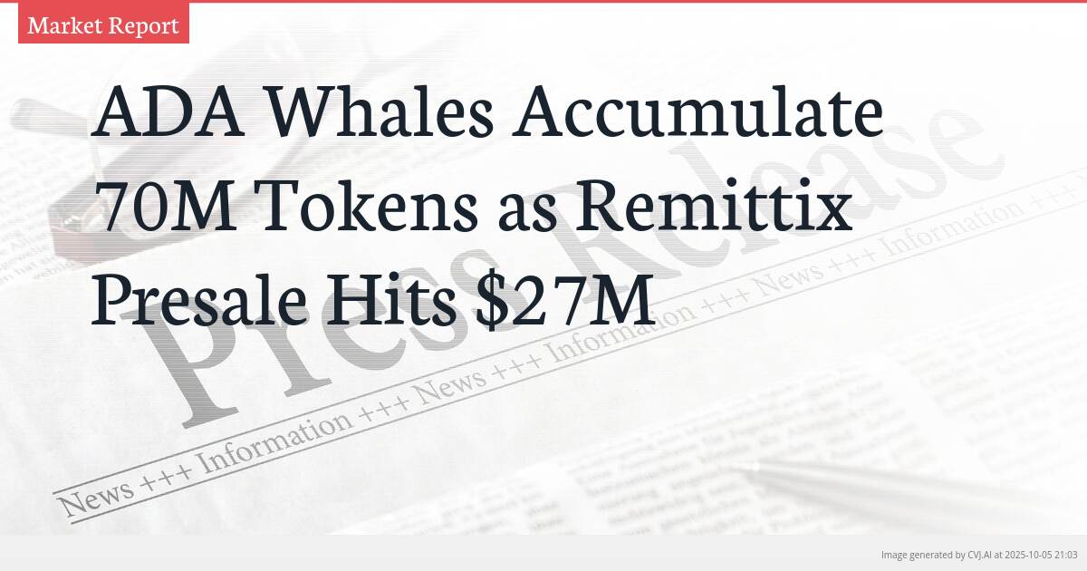 ADA Whales Accumulate 70M Tokens as Remittix Presale Hits $27M