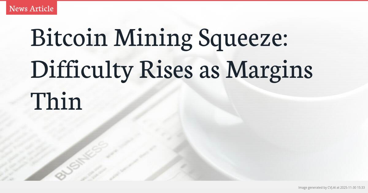 Bitcoin Mining Squeeze: Difficulty Rises as Margins Thin