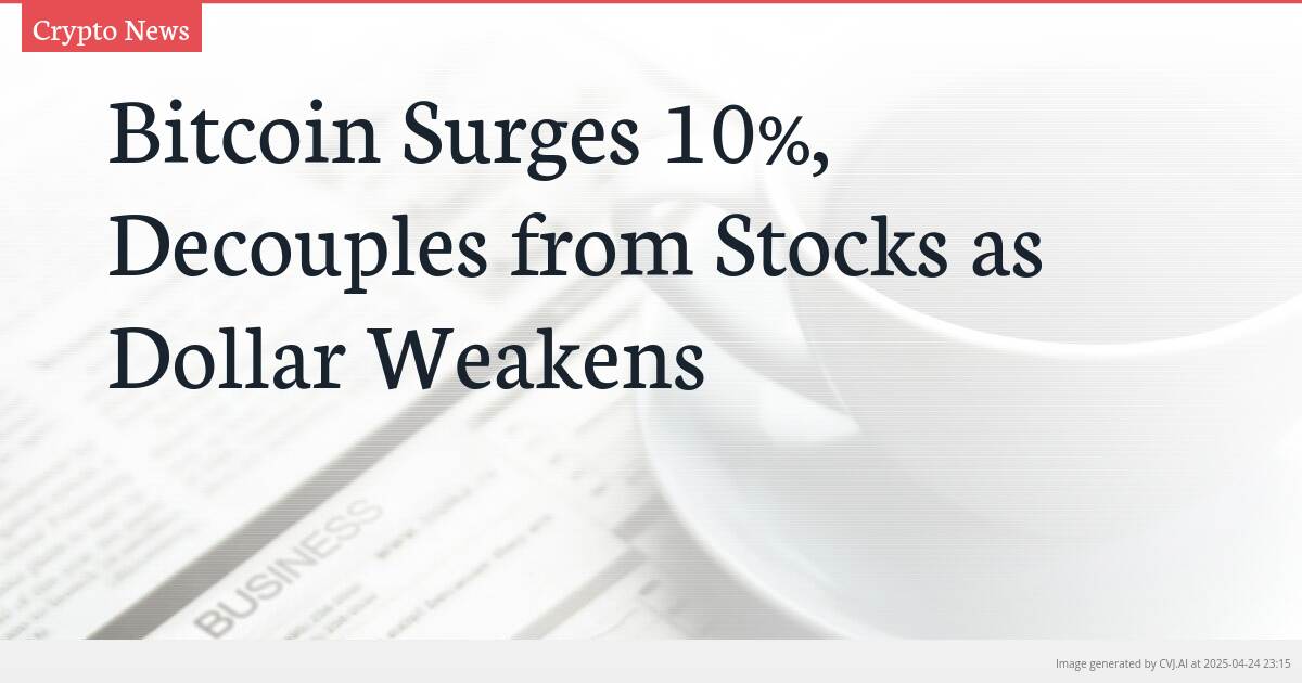 Bitcoin Surges 10%, Decouples from Stocks as Dollar Weakens
