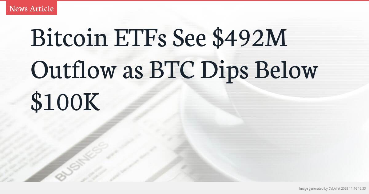 Bitcoin ETFs See $492M Outflow as BTC Dips Below $100K