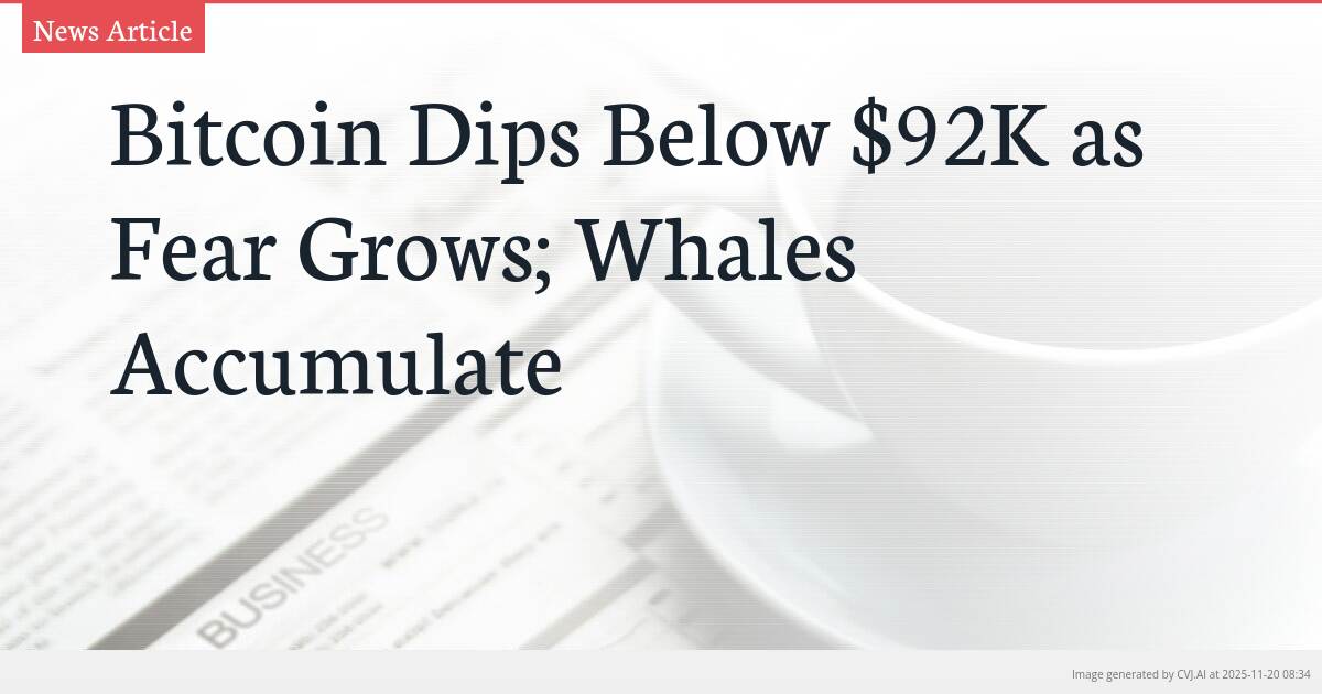 Bitcoin Dips Below $92K as Fear Grows; Whales Accumulate