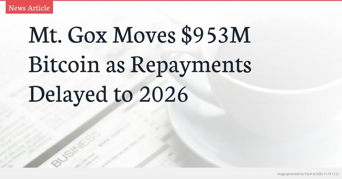 Mt. Gox Moves $953M Bitcoin as Repayments Delayed to 2026