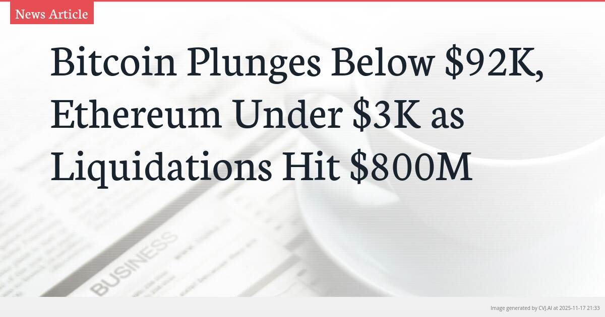 Bitcoin Plunges Below $92K, Ethereum Under $3K as Liquidations Hit $800M