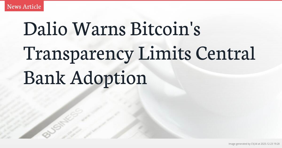 Dalio Warns Bitcoin’s Transparency Limits Central Bank Adoption