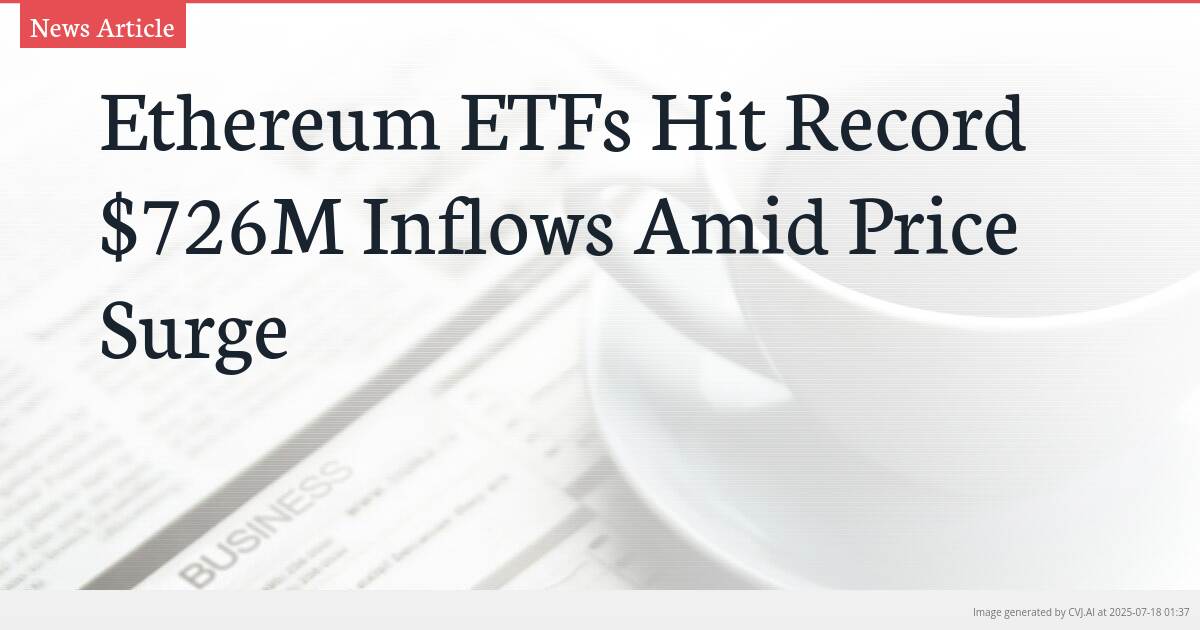 Ethereum ETFs Hit Record $726M Inflows Amid Price Surge