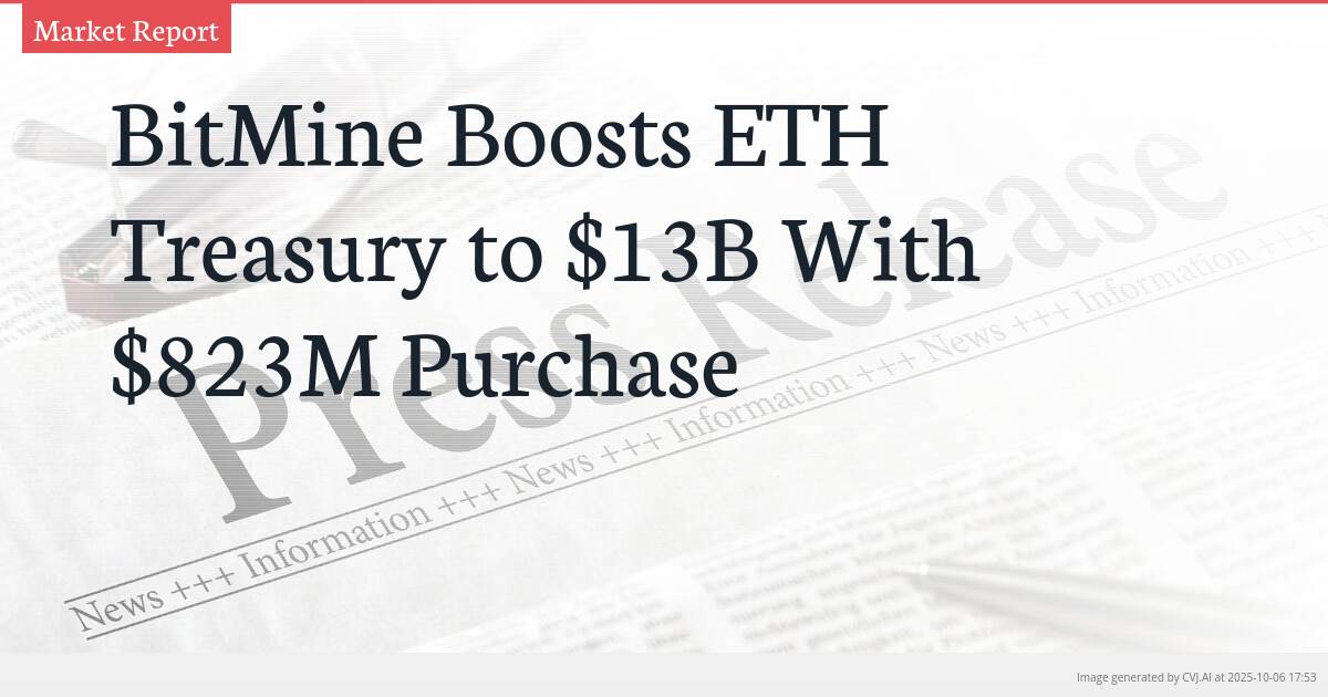 BitMine Boosts ETH Treasury to $13B With $823M Purchase