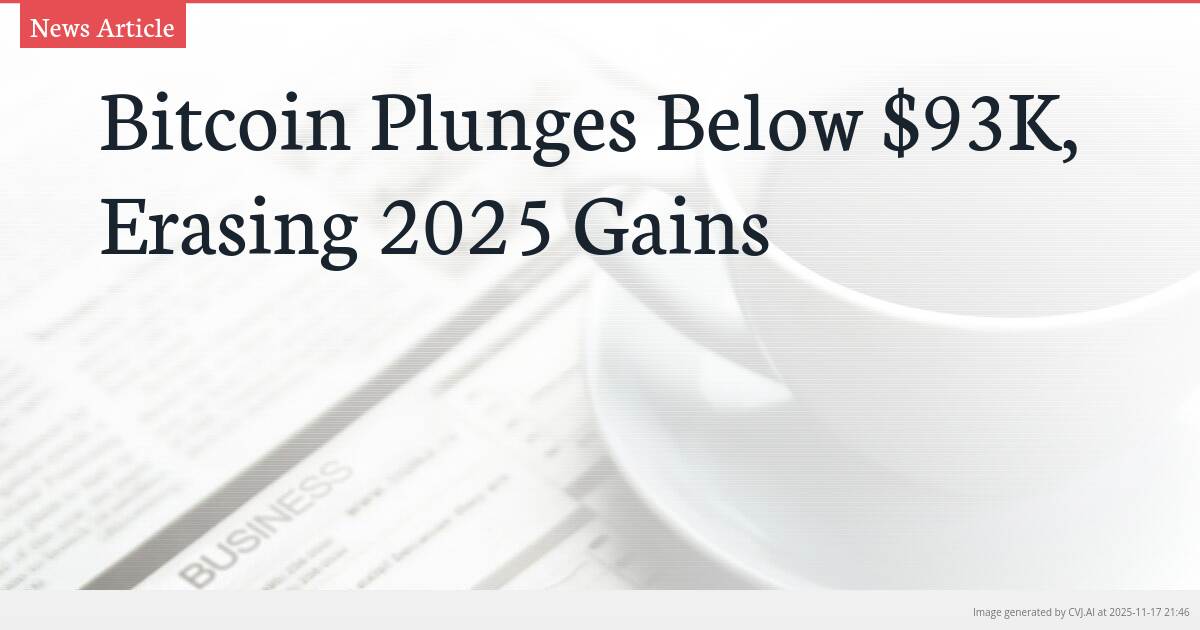 Bitcoin Plunges Below $93K, Erasing 2025 Gains
