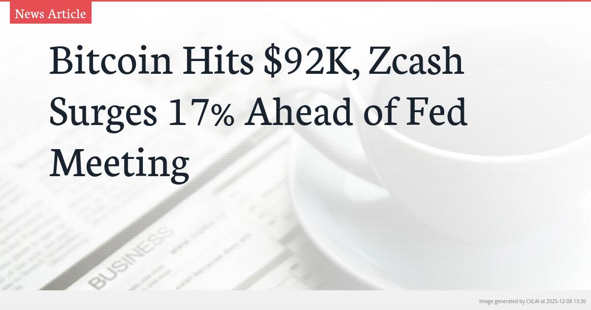 Bitcoin Hits $92K, Zcash Surges 17% Ahead of Fed Meeting